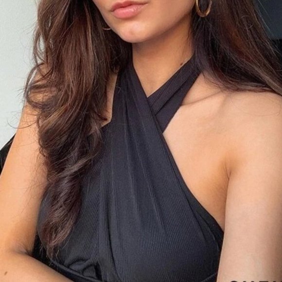 Boho black Ribbed Summer Wrap Crop Halter Top - Picture 5 of 7